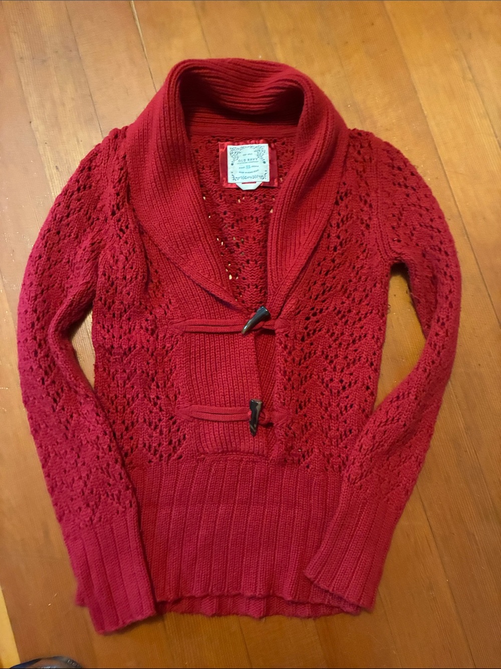 Red Lace-Knit Shawl Collar Toggle Sweater - Women